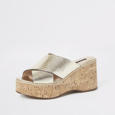 Gold metallic cross Strap wedges