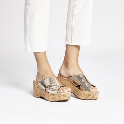 Gold metallic cross Strap wedges