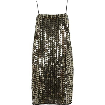 Gold metallic disk sequin slip dress
