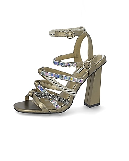 360 degree animation of product Gold metallic embellished strappy sandals frame-2