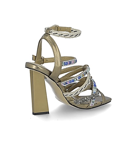 360 degree animation of product Gold metallic embellished strappy sandals frame-13