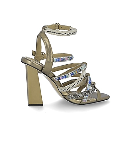 360 degree animation of product Gold metallic embellished strappy sandals frame-14