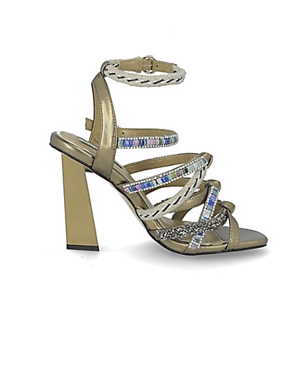 360 degree animation of product Gold metallic embellished strappy sandals frame-15