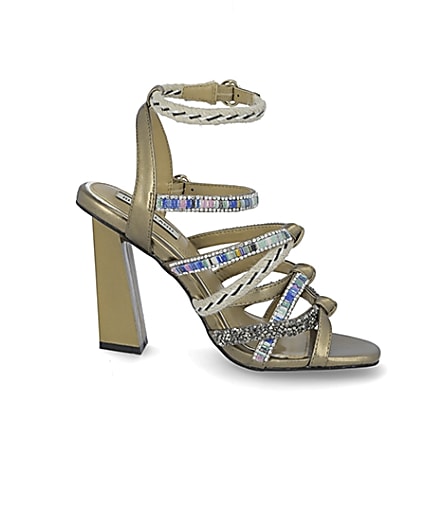 360 degree animation of product Gold metallic embellished strappy sandals frame-16