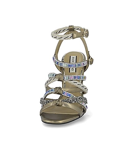 360 degree animation of product Gold metallic embellished strappy sandals frame-22
