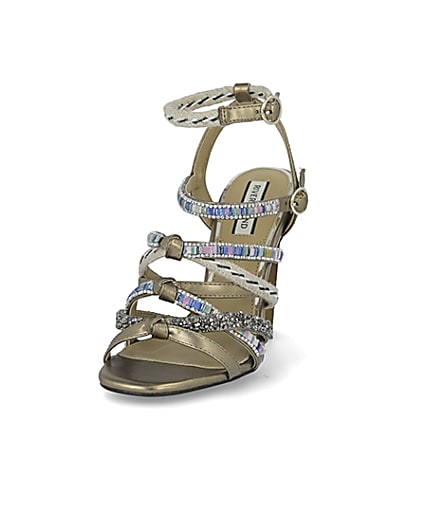 360 degree animation of product Gold metallic embellished strappy sandals frame-23