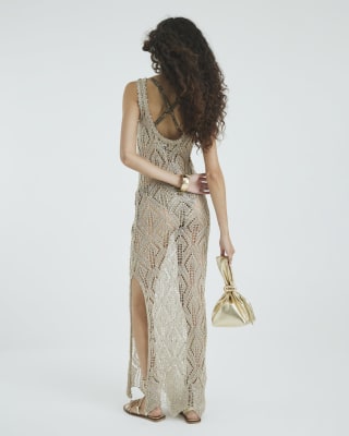 knee length dresses for ladies Gold Metallic Knit Side Slit Lace Maxi Dress | Maxi Dress main image 1