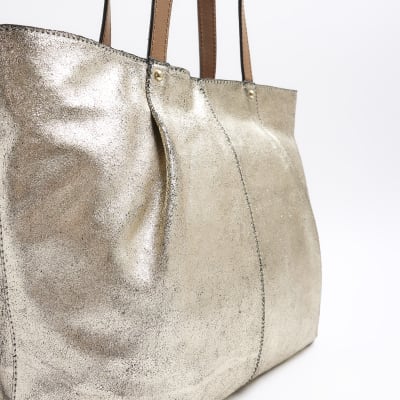 Gold Metallic Leather Shopper Bag River Island