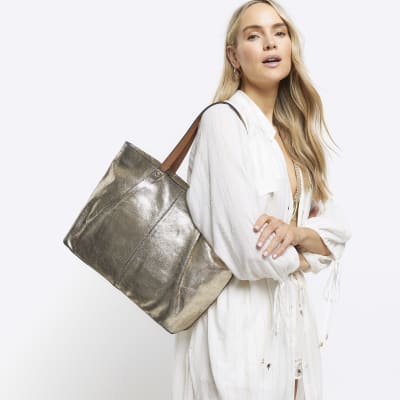 Gold Metallic Leather Shopper Bag River Island