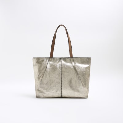 Gold Metallic Leather Shopper Bag River Island