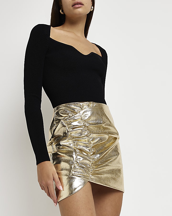 Gold metallic ruched mini skirt
