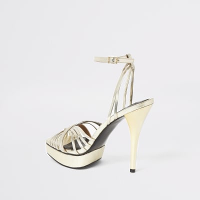 Gold metallic strappy platform heels
