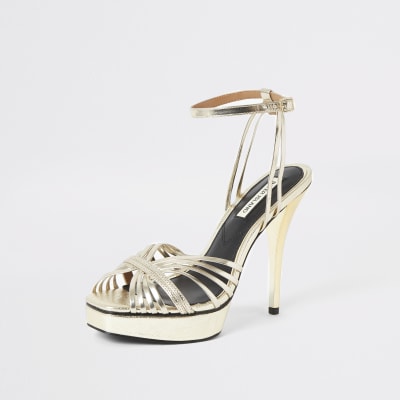 Gold metallic strappy platform heels