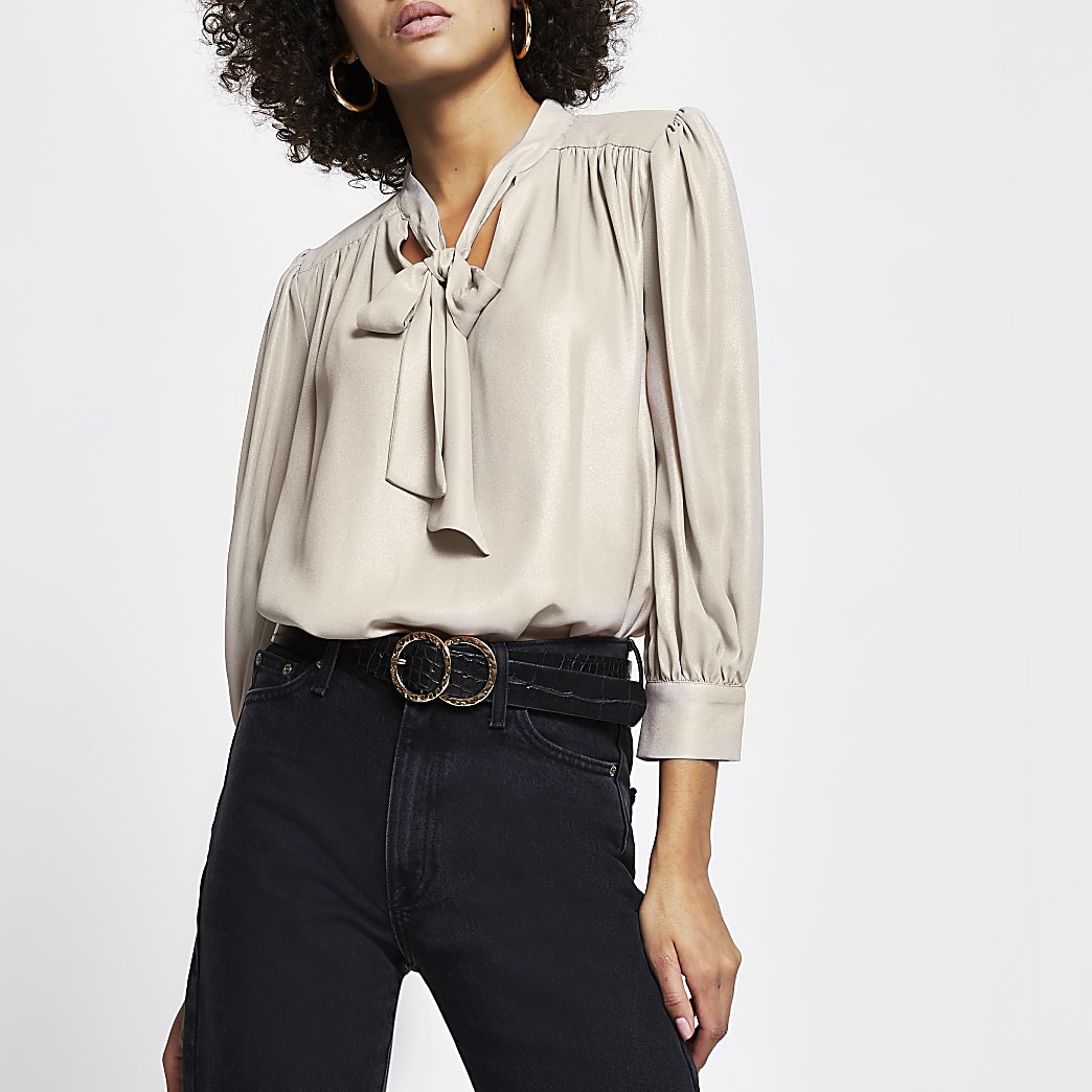 Gold metallic tie front blouse | River Island