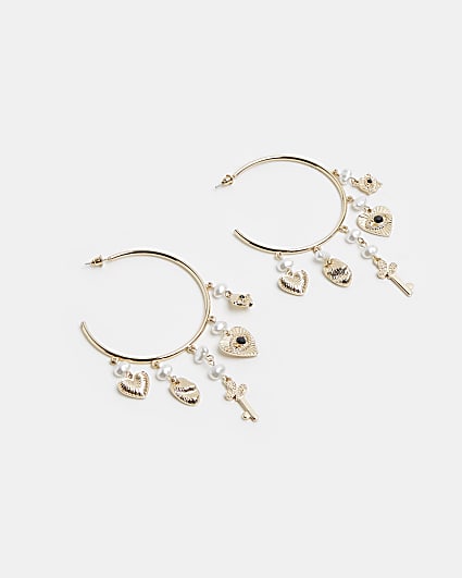 Gold mixed charm hoop earrings