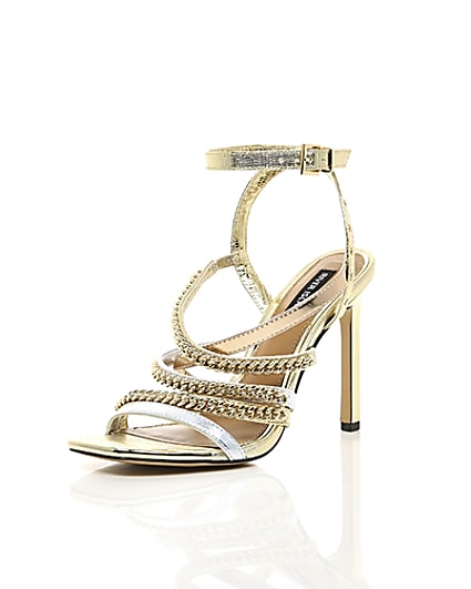 360 degree animation of product Gold multi chain strap heel sandal frame-0