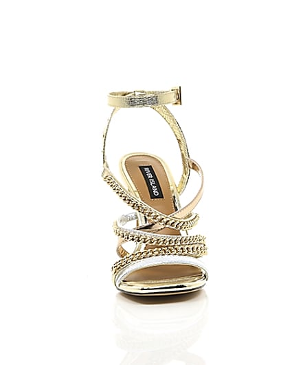 360 degree animation of product Gold multi chain strap heel sandal frame-4