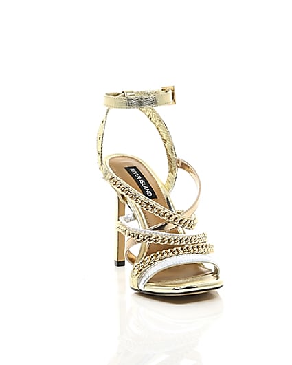 360 degree animation of product Gold multi chain strap heel sandal frame-5