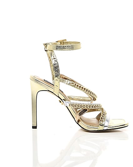 360 degree animation of product Gold multi chain strap heel sandal frame-9