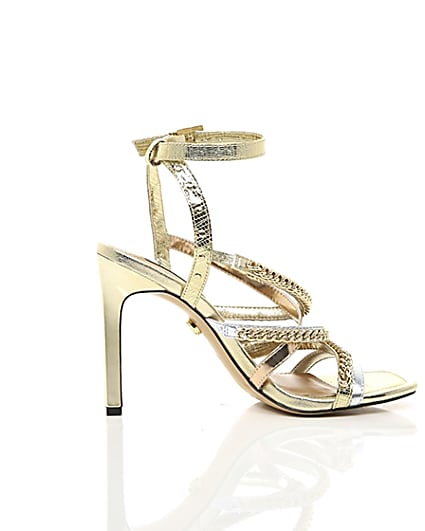 360 degree animation of product Gold multi chain strap heel sandal frame-10