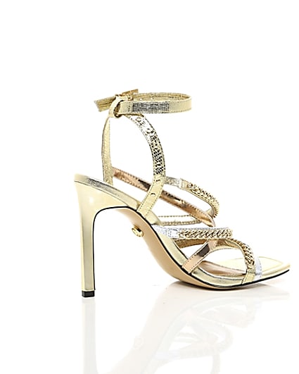 360 degree animation of product Gold multi chain strap heel sandal frame-11