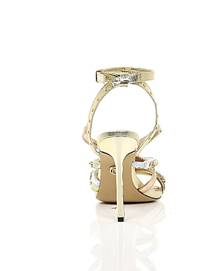 360 degree animation of product Gold multi chain strap heel sandal frame-15