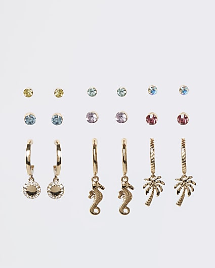 Gold multi stone and charm earrings multipack