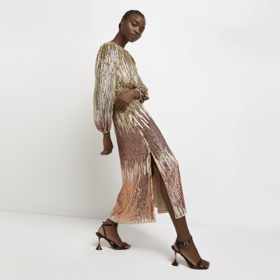 Gold ombre sequin midi dress | River Island