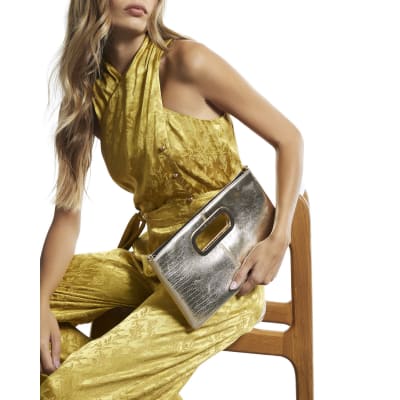 Panelled Metal Handle Clutch Bag