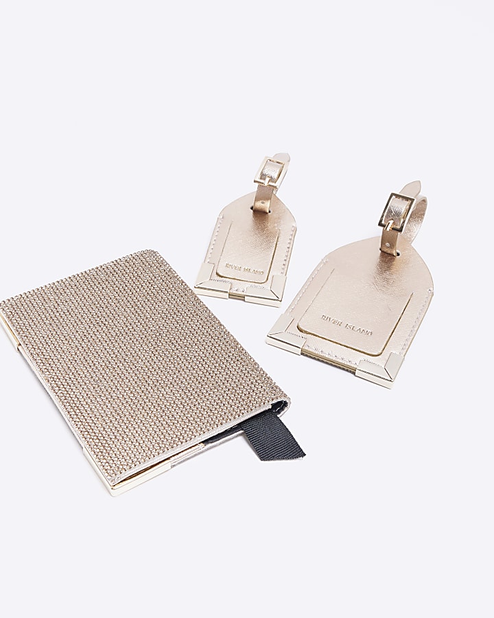 Gold passport holder and luggage tag set