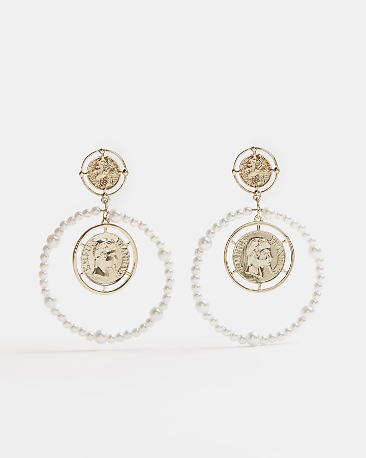 Gold pearl coin pendant drop earrings