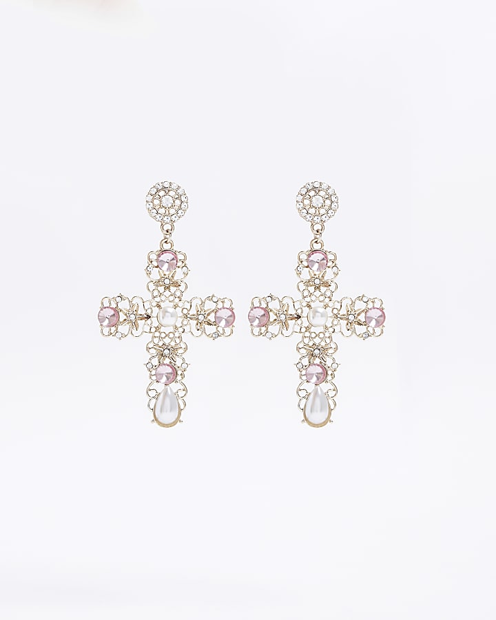 Gold pearl embellished cross earrings
