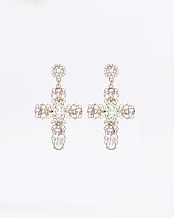 Gold pearl embellished cross earrings