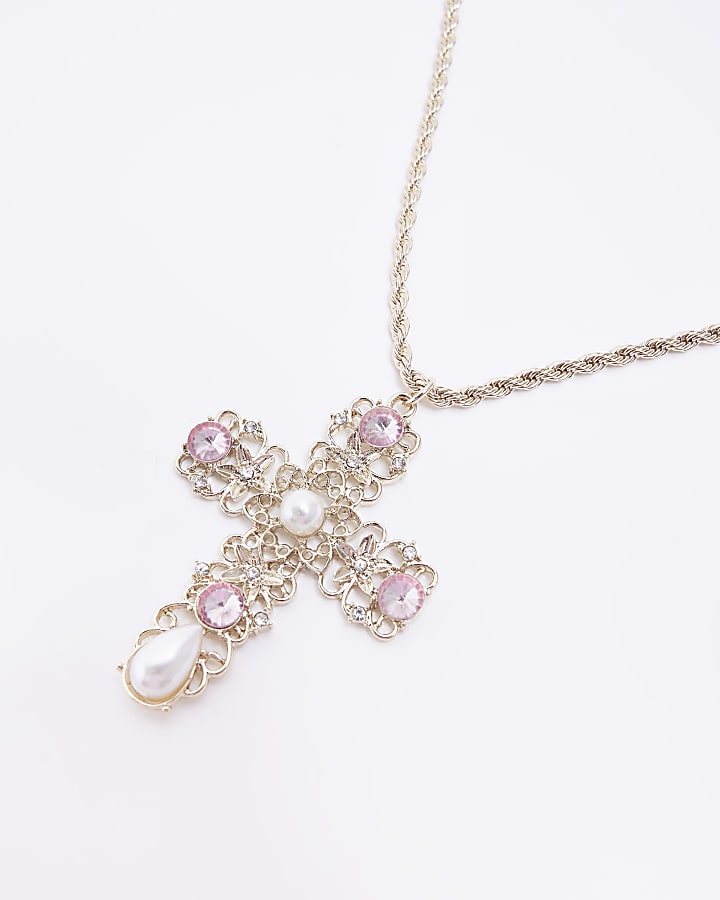 Gold pearl embellished cross necklace