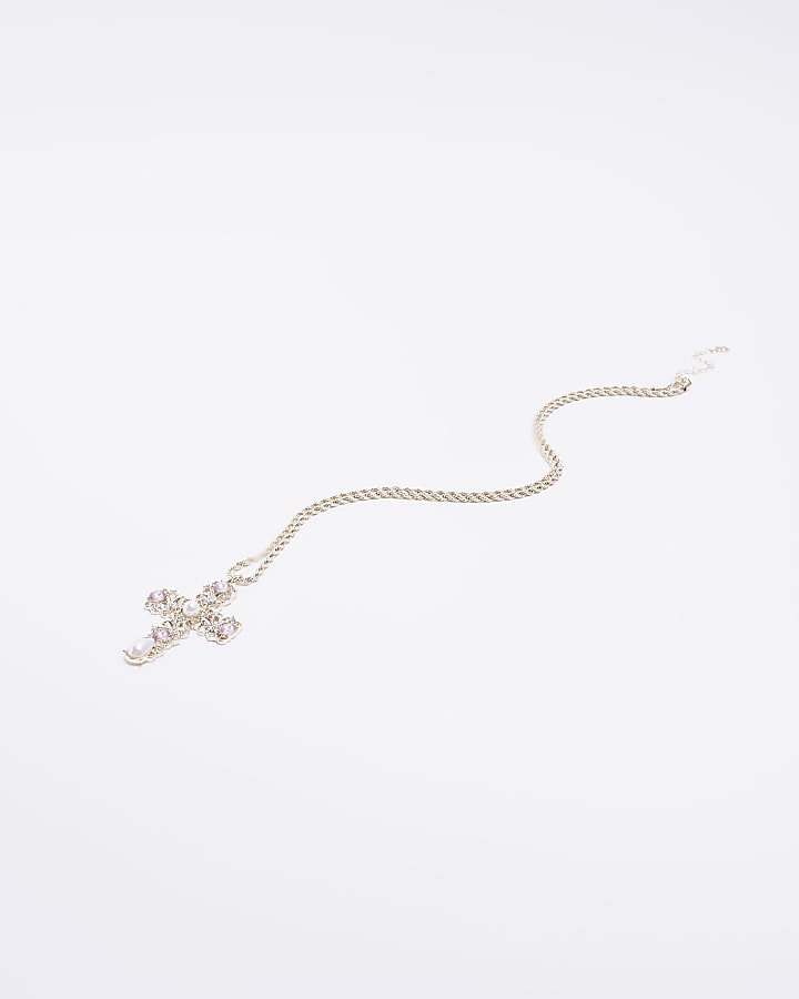 Gold pearl embellished cross necklace