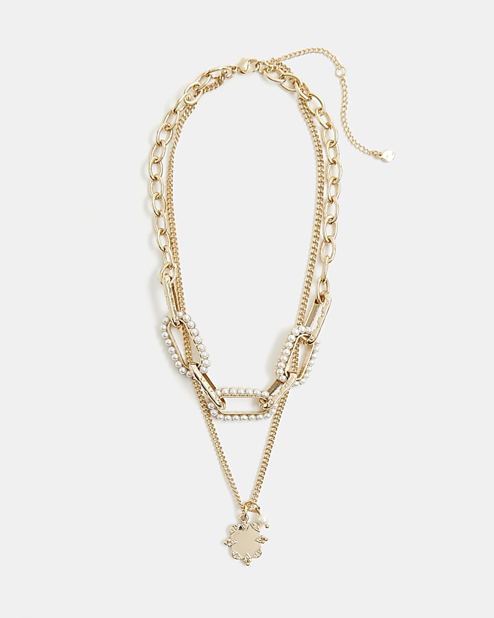 Gold pearl embellished multirow necklace