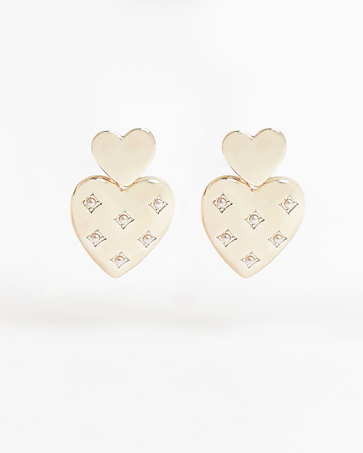 Gold pearl heart drop earrings