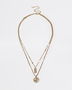 Gold pendant multirow necklace