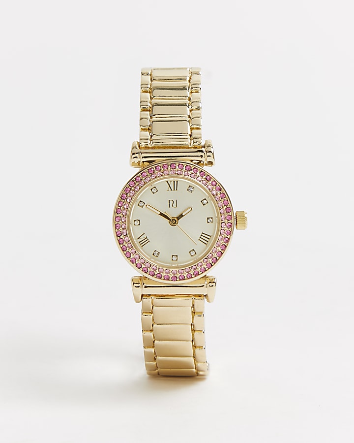 Gold pink diamante chain link watch