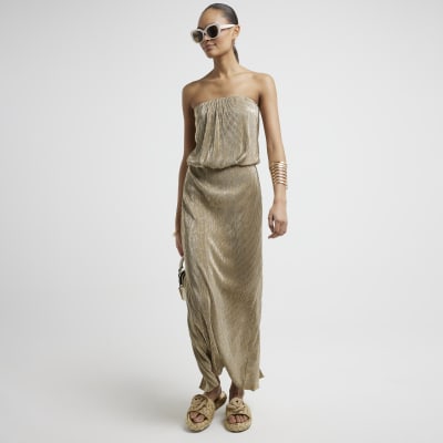 Gold plisse glitter maxi skirt River Island
