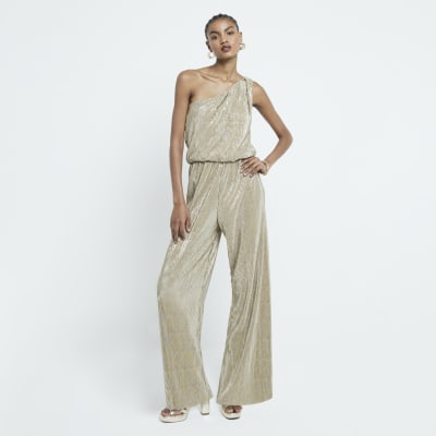 Gold plisse metallic one shoulder jumpsuit