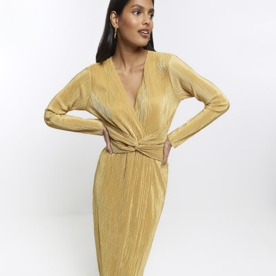 Gold plisse plunge bodycon midi dress River Island