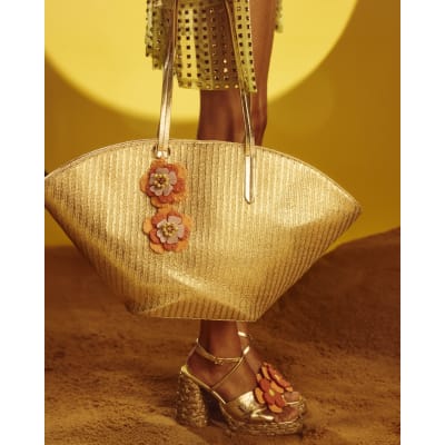 Gold Raffia Winged Shopper Bag
