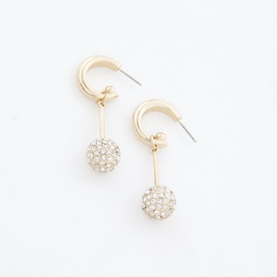 Gold Rhinestone Ball Mini Drop Earrings