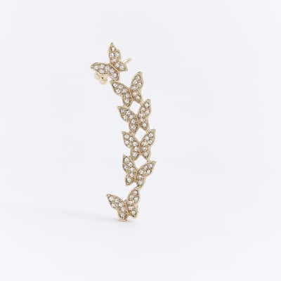 Gold rhinestone embellished butterfly earcuff