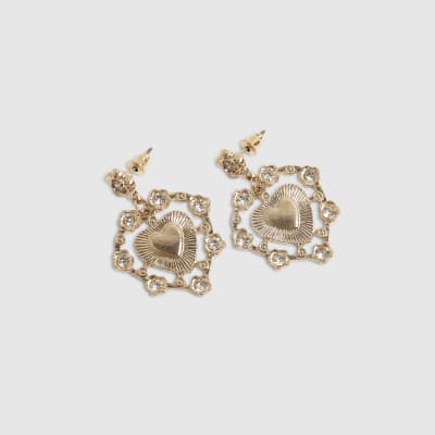Gold Rhinestone Heart Drop Earrings