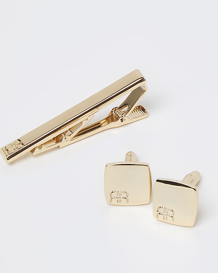Gold RI branded cufflinks and tie pin set