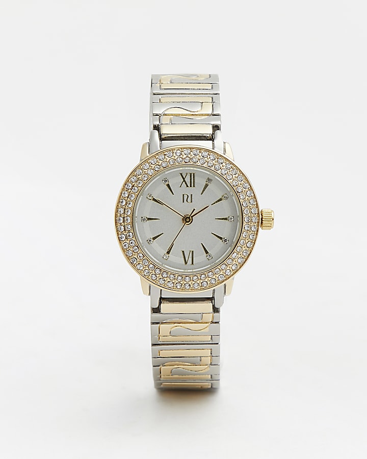 Gold RI branded diamante watch
