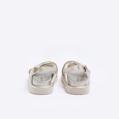 Gold RI monogram cross strap sandals