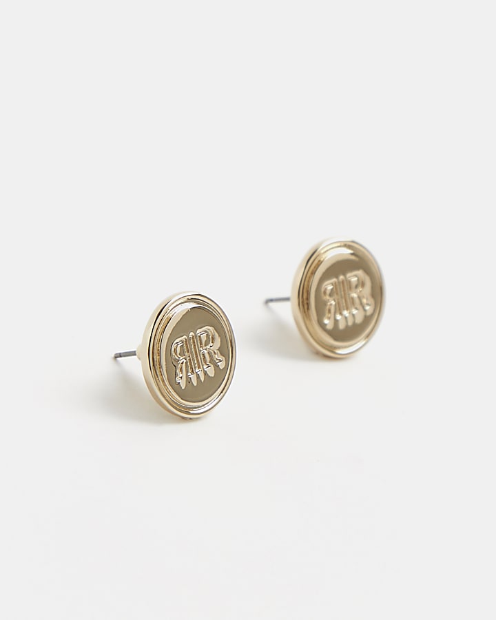 Gold RI monogram embossed stud earrings